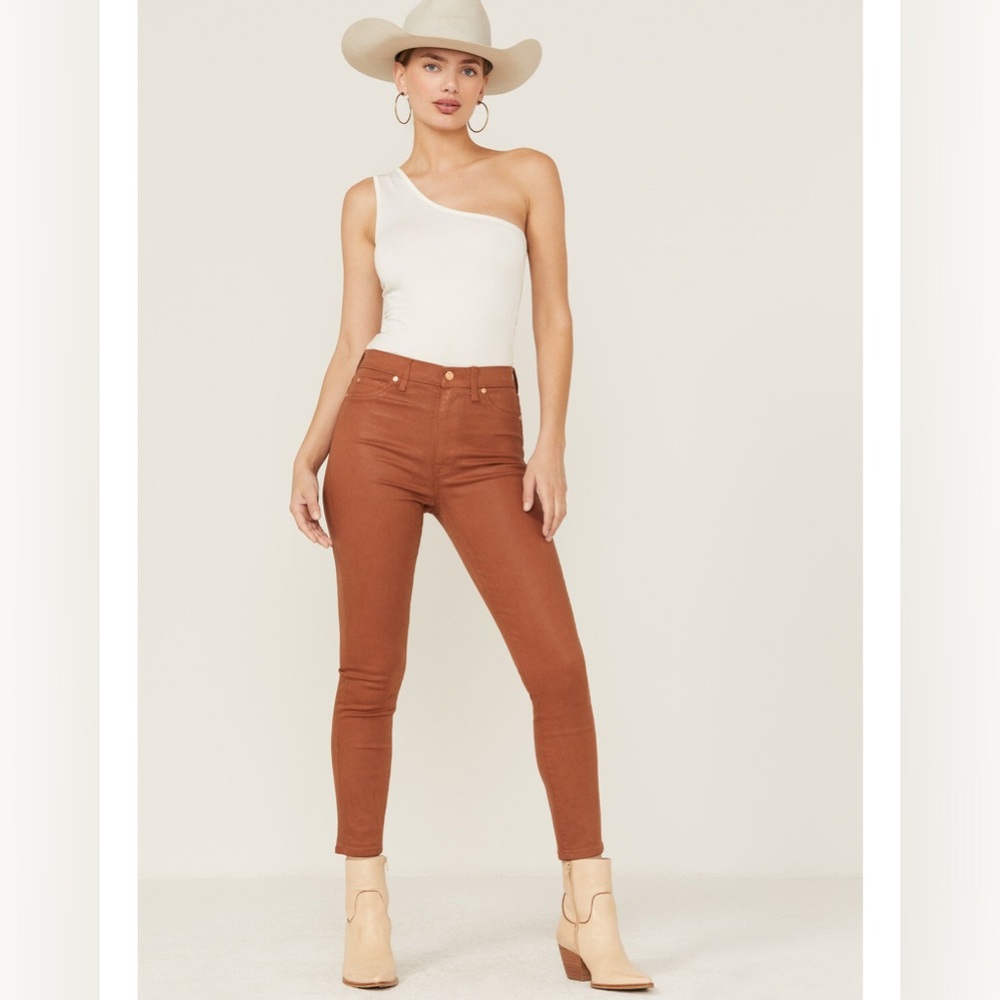 7 for all Mankind Brown Coated Faux Leather Skinny Jeans High Waist